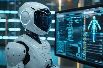 Fototapeta premium Futuristic Healthcare Revolution: Humanoid Medical Robot Analyzing Virtual Charts