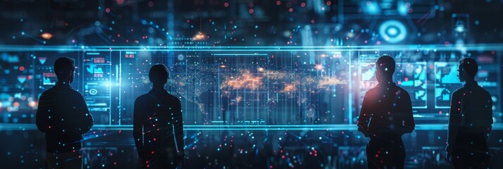 Fototapeta premium Digital Twin: Futuristic Finance Industry with AI Software Engineers and Financial Stock Market Analysis