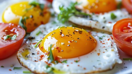 Obraz premium A plate of fried eggs garnished with fresh tomatoes and herbs.