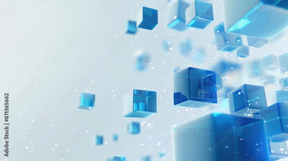 Aufkleber blue cubes floating in the air against a white background, with a technological style background fea