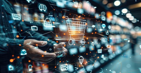 businessman touching virtual icon of store,a shopping cart is shown on a display of electronic devices and symbols