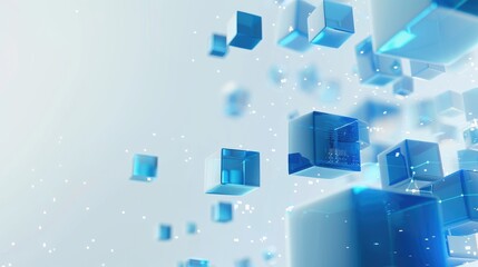 Blue cubes floating in the air against a white background, with a technological style background featuring digital data and icons in a light blue color scheme
