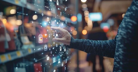 Fototapeta premium businessman touching virtual icon of store,a shopping cart is shown on a display of electronic devices and symbols