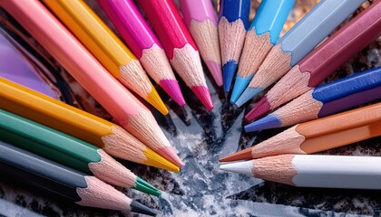 Fototapeta premium Colored pencils allow for controlled application of color. They're excellent for detailed work, such as portrait drawing, where subtle variations in tone are crucial.