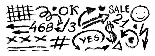 Collection fun doodle shapes drawn with charcoal or chalk. Hand drawn  figures: hashtag,  grid, dots, squiggles and heart. Set of marker scribbles, curved lines and different fairy shapes.