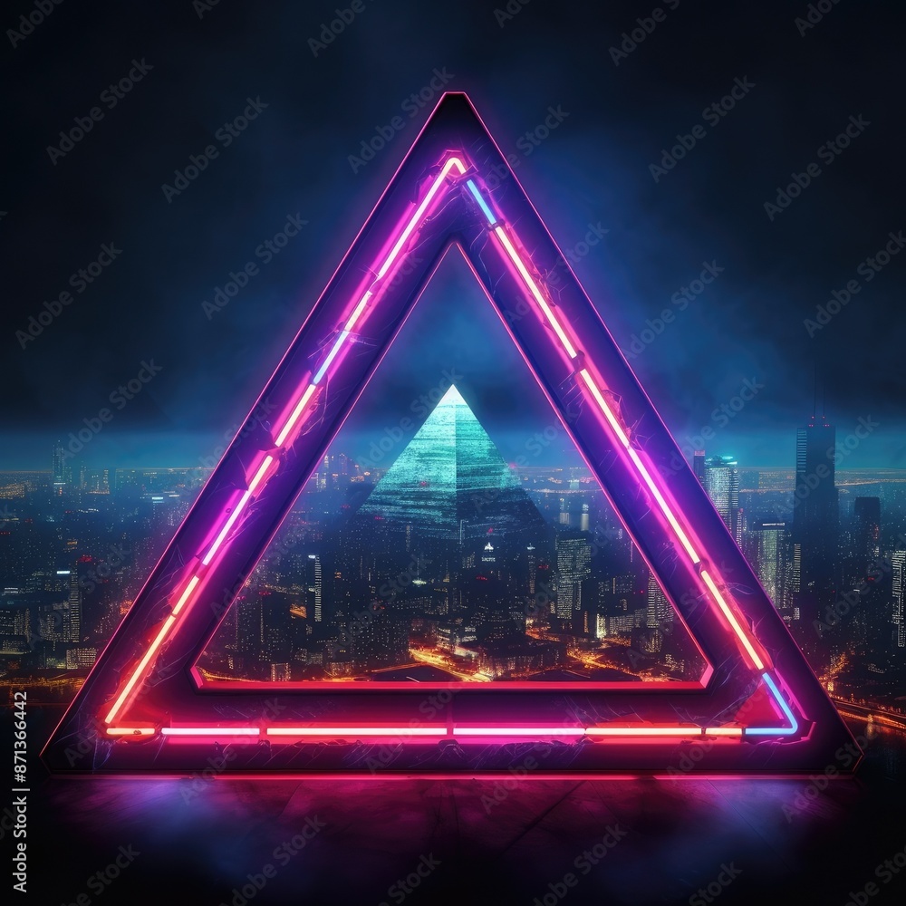 Poster abstract picture of beautiful geometric shape portal with digital style neon light reflecting set ag