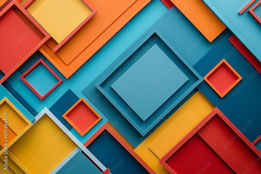 Poster create a geometric pattern using overlapping squares. the colors should be blue, orange, yellow and 
