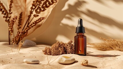 Naklejka premium A bottle of facial serum sits on a sandy beach and forest, surrounded by natural elements.