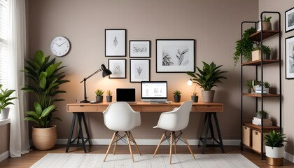 Stylish home office interior with comfortable workplace .
A home office with a minimalist desk and a hanging pendant light.
