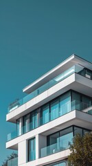 Modern apartment building with glass balconies against a clear blue sky