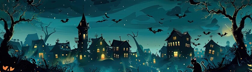 A spooky, misty village under a dark sky with bats flying overhead and eerie glowing windows in the houses.