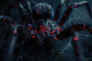 Close-up of a black and red spider sitting on its web in a dark, eerie environment, highlighting its detailed texture and ominous appearance.