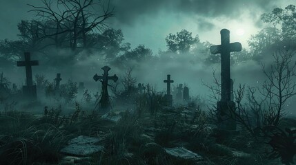 Eerie, foggy graveyard with silhouetted crosses and tombstones under a dark, stormy sky, creating a haunting, mysterious atmosphere.