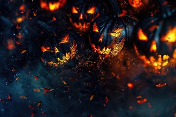 A spooky collection of glowing jack-o'-lanterns in the dark, creating an eerie and mysterious Halloween atmosphere with swirling fog and leaves.