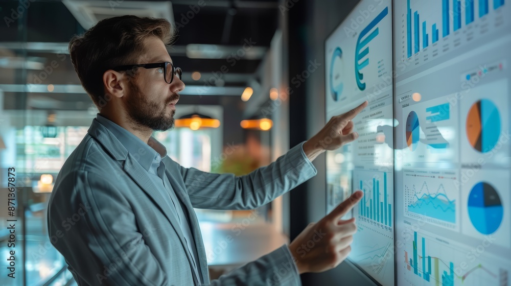 Poster a businessman analyzes data displayed on a large digital screen in an office setting. he is focused 