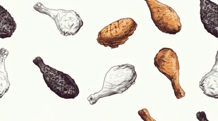 Minimalist hand-drawn fried chicken pattern in monochrome