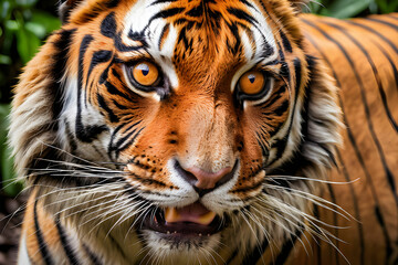 Obraz premium Wildlife tiger striped photography. Open eye black orange fur. Dangerous cat animal tropical jungle forest hunter close up photo