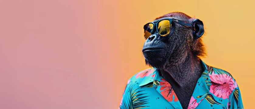 A cool monkey in sunglasses and a tropical shirt.