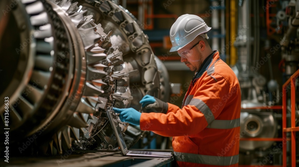 Poster skilled engineer checking iron machine in factory while using laptop to repair machine. industrial w