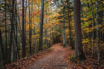 Obraz premium A winding path through a vibrant autumn forest, with trees displaying golden and orange foliage, creating a serene woodland scene.