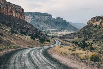 A winding road through a dramatic desert canyon landscape, with towering cliffs and mesas stretching into the distance.