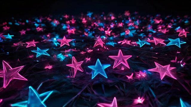 Neon blue and pink stars agains dark background. Slow motion animation backdrop