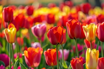 Obraz premium A vibrant field of colorful tulips in bloom, with red, yellow, and pink flowers creating a beautiful spring landscape.