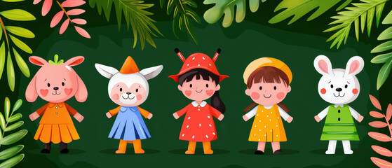 Naklejka premium A group of cartoon children are standing in a forest