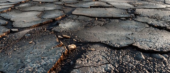 Panoramic close-up, high detail scan of asphalt with cracks and weeds material, Generative AI