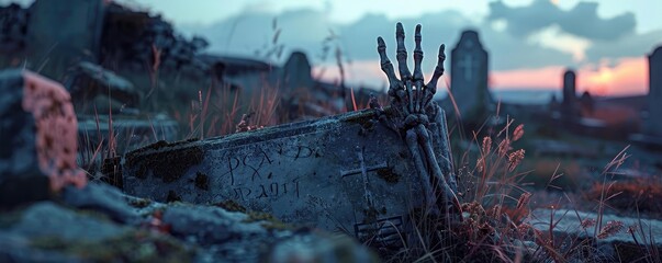 Eerie skeletal hand emerging from a grave in an abandoned cemetery during sunset, creating a haunting and chilling atmosphere.