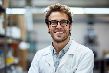 Fototapeta premium A young scientist in a lab coat and glasses conducting an experiment in a laboratory