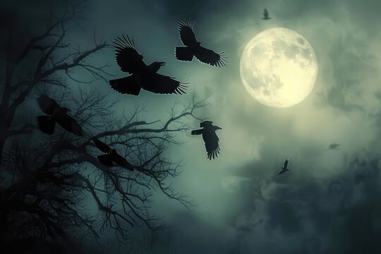 Eerie night scene with full moon, silhouette of crows flying, and spooky, leafless trees against a misty, haunting sky.