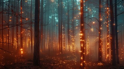 Enchanting forest with glowing lights at twilight, creating a magical and serene ambiance amidst tall trees and fading daylight.
