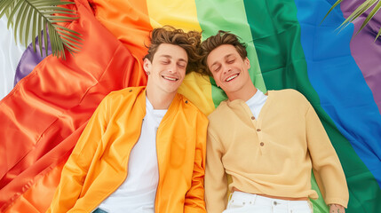 Obraz premium Two smiling men lying on a rainbow flag, expressing happiness and pride. Vibrant and joyful 