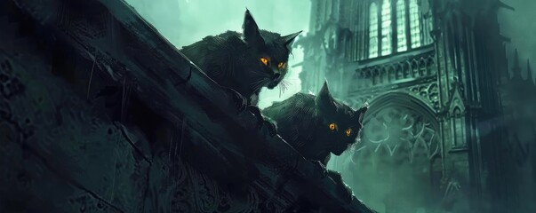 Two mystical black cats with glowing eyes perched on a gothic structure, emanating an eerie and mysterious aura.