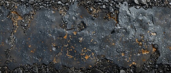 Panoramic close-up, high detail scan of asphalt with oil stains material, Generative AI 