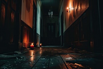 Dimly lit eerie hallway with flickering candles, cracked walls, and dark shadows, creating a spooky, haunted atmosphere.