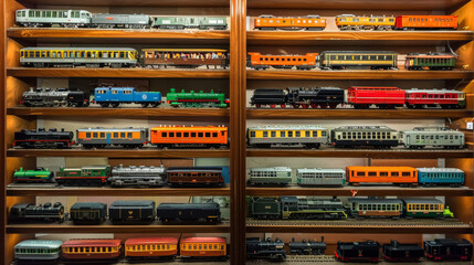 An extensive display of diverse model trains on shelves, encompassing different styles, eras, and colors in an impressively organized collection.