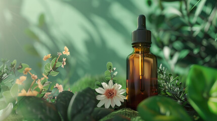 An essential oil bottle surrounded by lush greenery and delicate flowers, highlighting natural wellness and botanical beauty.