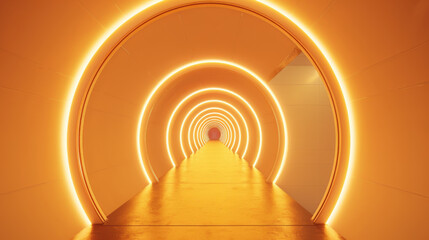 Obraz premium A futuristic tunnel illuminated with concentric orange light rings creates a mesmerizing path to an unknown destination.