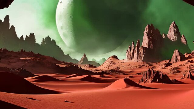 Fantastic martian landscape in rusty orange shades, Mars surface, Desert, Cliffs, sand. Alien landscape. Red planet mars. High quality 4k footage