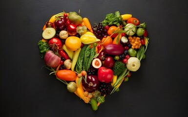 World Vegetarian Day. Colorful vegetables and fruits, forming the shape of a heart or a globe.