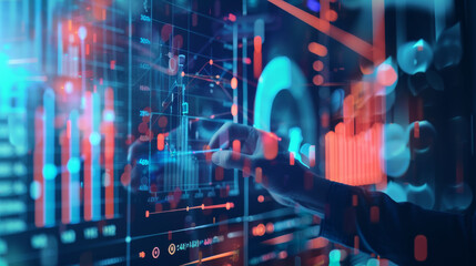 A hand interacts with a vibrant digital interface displaying complex data and charts, symbolizing advanced technology and analytics.