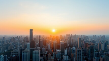 Fototapeta premium Sunrise Over Expansive Cityscape. Expansive cityscape with the sun rising over the horizon, illuminating tall buildings in a warm morning glow.