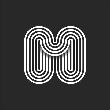 Letter M monogram logo rounded wave shape design, smooth thin parallel lines with shadows, ovals and semicircles geometric pattern, linear typography mark.