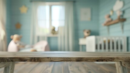 An empty and clean wooden table in front of a newborn baby's bedroom is the background.