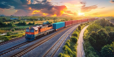 Fototapeta premium A freight train transporting goods across the country, showcasing rail freight logistics