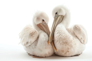 Two white pelicans huddled together on a white background.