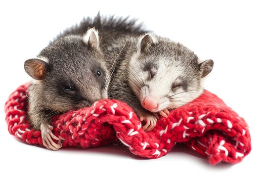 Two cute olingos cuddling on a red blanket.