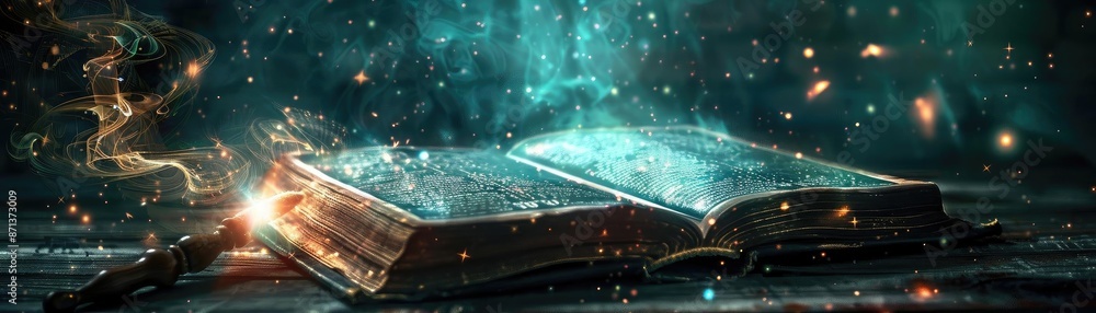 Poster Ancient open book radiating magical energy with sparkles and mystical light, creating an enchanting and mysterious atmosphere.